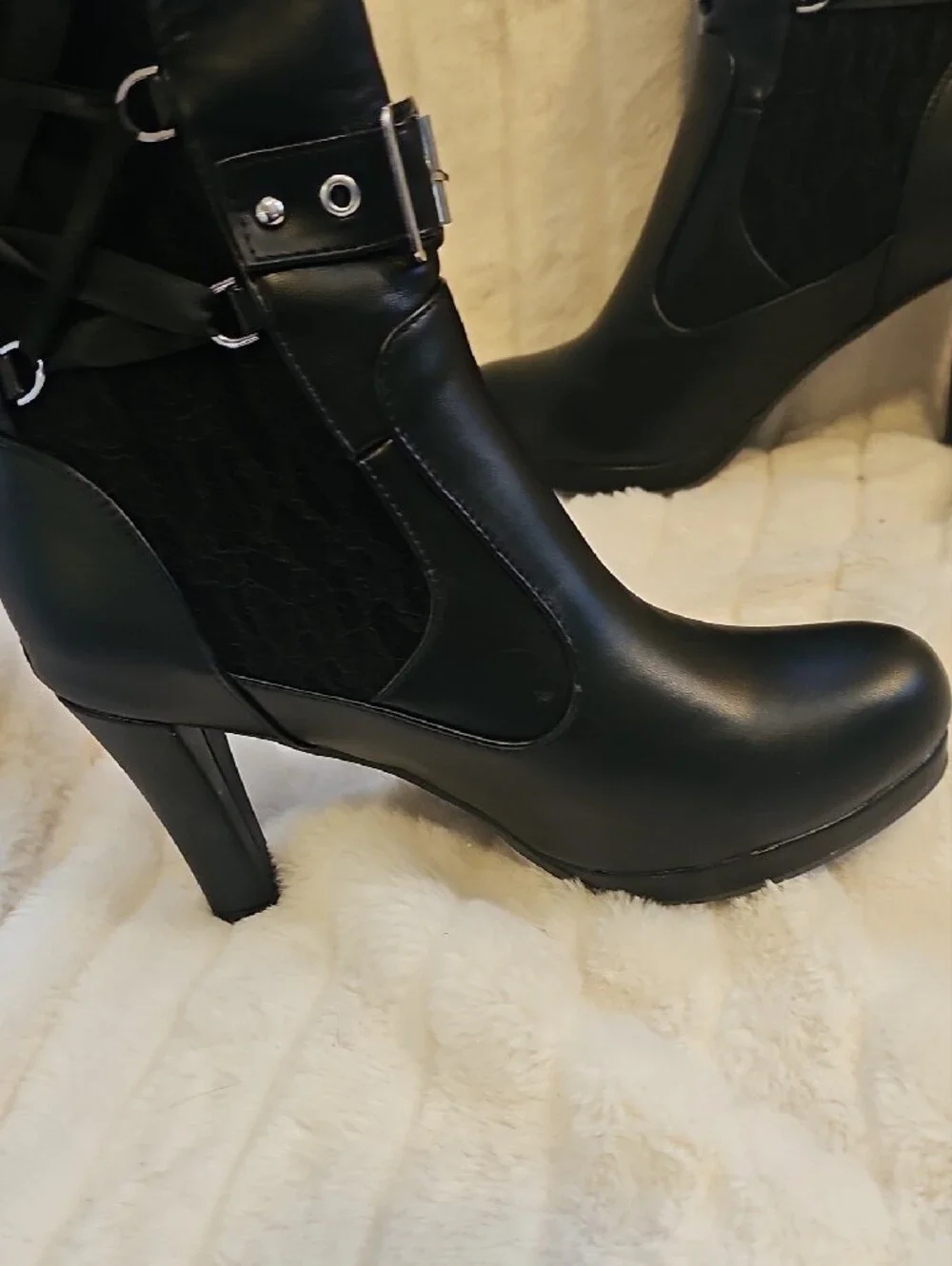 Black Knee High Lace-Up Heeled Boots with Buckle Straps